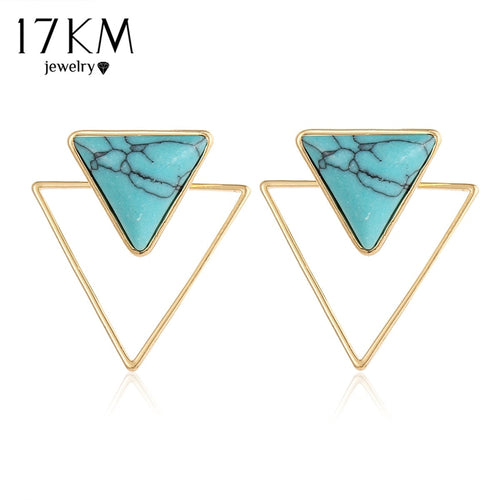 17KM Bohemian Triangle Stud Earrings For Women Gold Color Geometric Double sided Blue Stone Earring 2018 New Fashion Jewelry
