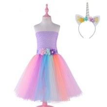 2-12Y Flower Girl Dresses Girls Unicorn Rainbow Dress Strapless Ankle Length Ball Gown For Birthday Party Wedding With Headgear