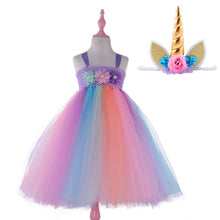2-12Y Flower Girl Dresses Girls Unicorn Rainbow Dress Strapless Ankle Length Ball Gown For Birthday Party Wedding With Headgear