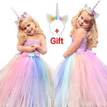 2-12Y Flower Girl Dresses Girls Unicorn Rainbow Dress Strapless Ankle Length Ball Gown For Birthday Party Wedding With Headgear