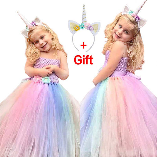 2-12Y Flower Girl Dresses Girls Unicorn Rainbow Dress Strapless Ankle Length Ball Gown For Birthday Party Wedding With Headgear