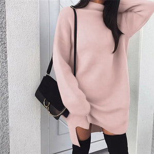 2018 Mùa Thu Mới Phụ Nữ Áo Váy Phụ Nữ Cao Cổ Dài Tay Áo Jumper Ăn Mặc Rắn Dệt Kim Áo Thun Loose Mini Dress Mùa Đông