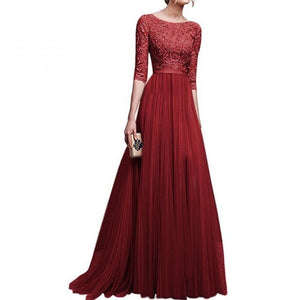 2018 Mới Thanh Lịch Đầy Đủ Tay Áo Voan Ren Khâu Tầng-chiều dài Phụ Nữ Đảng Prom Evening Red Dài Ăn Mặc Nữ Quần Áo quần áo