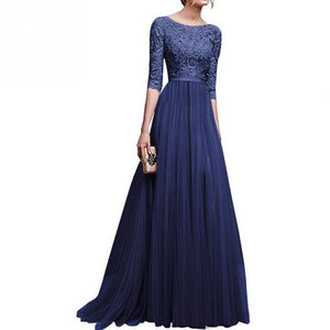 2018 New Elegant Full Sleeve Chiffon Lace Stitching Floor-length Women Party Prom Evening Red Long Dress Female Clothing Clothes