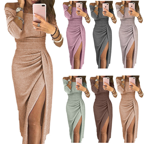 8 Colors S-3XL winter dress women Sexy Club shiny slit push up slash neck party formal long black red vestidos dresses woman