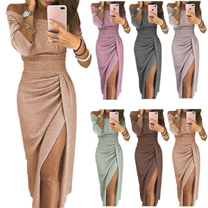 8 Colors S-3XL winter dress women Sexy Club shiny slit push up slash neck party formal long black red vestidos dresses woman