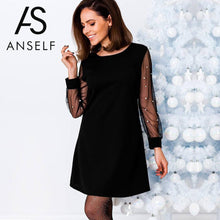 Anself Women Autumn Dress Pearls Beading Sheer Mesh Long Sleeve Female Dress Tunic O Neck A Line Elegant Party Dresses Black/Red