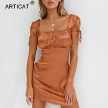 Articat 2018 White Satin Mini Summer Dress Women Square Collar Short Sleeve Short Beach Dress Solid Casual Dress Female Vestidos
