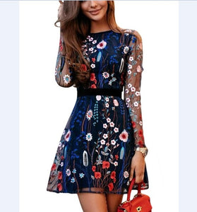 AutumnSexy Women Floral Embroidery Dress Sheer Mesh Summer Boho Mini A-line Dress See-through Black Dress 2018 Vestidos De Festa