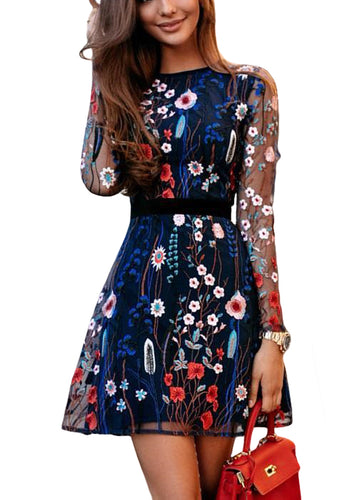 AutumnSexy Women Floral Embroidery Dress Sheer Mesh Summer Boho Mini A-line Dress See-through Black Dress 2018 Vestidos De Festa