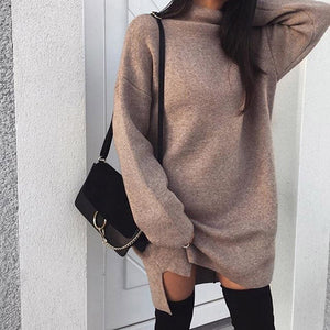 Bigsweety Women Autumn Knit Sweater Dress 2018 Fashion Turtleneck Side Split Elastic Solid Color Knitted Dress Vestidos 2018 New