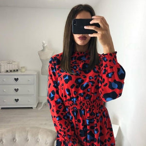 DeRuiLaDy 2018 Women Stand Neck Long Sleeve Leopard Print Dress Autumn Winter Elegant Mini Dresses Female Casual Dress Vestidos