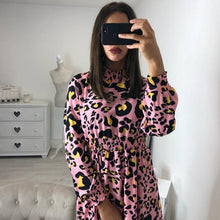 DeRuiLaDy 2018 Women Stand Neck Long Sleeve Leopard Print Dress Autumn Winter Elegant Mini Dresses Female Casual Dress Vestidos