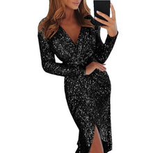 ELSVIOS Women oversize Glitter Sequined Midi Dress Autumn Sexy Deep V Neck Party Dresses High Slit Long Sleeve package hip dress