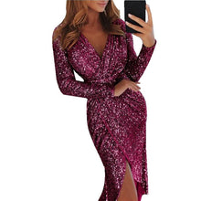ELSVIOS Women oversize Glitter Sequined Midi Dress Autumn Sexy Deep V Neck Party Dresses High Slit Long Sleeve package hip dress