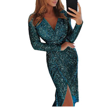 ELSVIOS Women oversize Glitter Sequined Midi Dress Autumn Sexy Deep V Neck Party Dresses High Slit Long Sleeve package hip dress