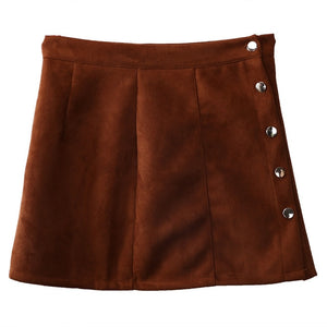 Fashion Elegant Women Ladies Summer Skirts High Waist Single Breasted Solid Slim A-Line Suede Leather Mini Skirts 2 Style