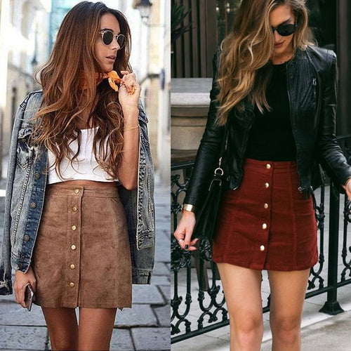 Fashion Elegant Women Ladies Summer Skirts High Waist Single Breasted Solid Slim A-Line Suede Leather Mini Skirts 2 Style