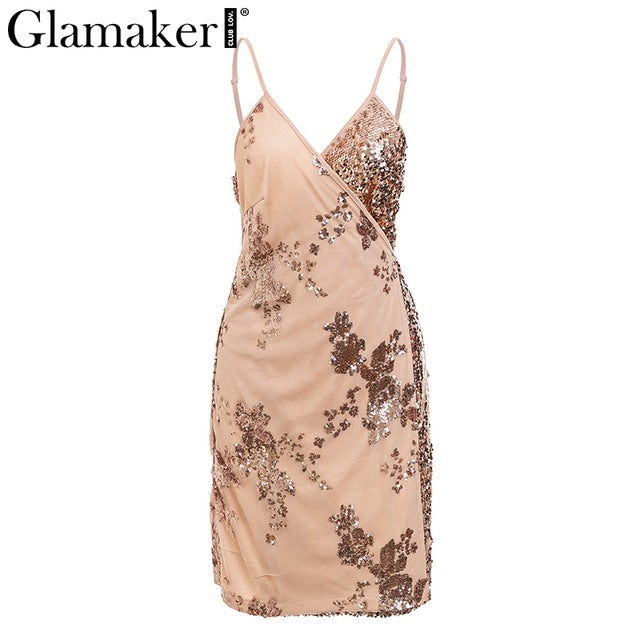 Glamaker Christmas mesh sequin mini dress Women elegant sexy lace up sundress Autumn winter backless party short dress festa