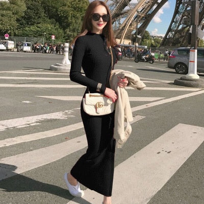 New Long Sweater Knitted Dress Women Spring Autumn Fashion Elastic Slim Dresses Sexy Long Sleeve Ladies Bodycon Robe Dress 532