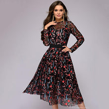Sexy Women Floral Embroidery knee-length Dress Sheer Mesh Summer Boho A-line Dress See-through Black Dress 2018 Vestidos