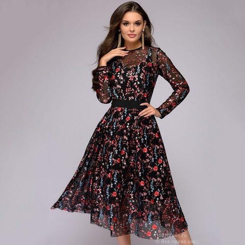 Sexy Women Floral Embroidery knee-length Dress Sheer Mesh Summer Boho A-line Dress See-through Black Dress 2018 Vestidos