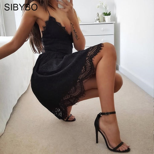 Sibybo Backless Dây Đeo Spaghetti Ren Sexy Váy Phụ Nữ Không Tay Cổ Chữ V Lỏng Mùa Hè Váy Cotton Màu Đen Thanh Lịch Đảng Dresses