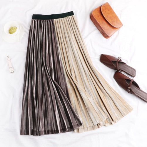 Tataria Women's Skirt Pleated Velvet Autumn Winter 2018 High Waist Patchwork Skirts For Women Velvet Pleated Winter Midi Skirt