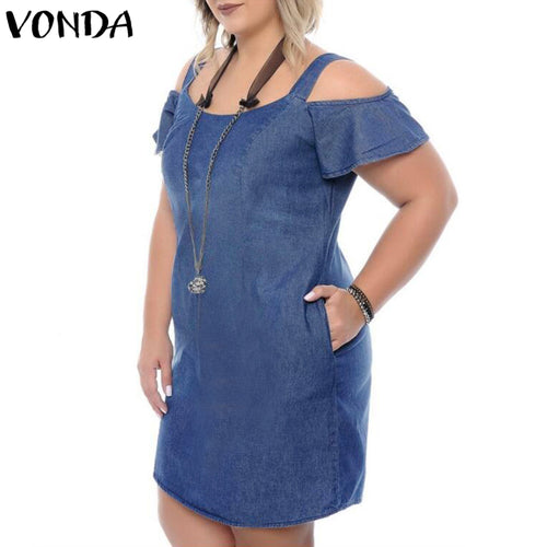 VONDA Phụ Nữ Denim Giản Dị Mini Dress 2018 Mùa Hè Nữ Sexy Tắt Vai O Cổ Ngắn Tay Áo Rắn Cộng Với Kích Thước Ruffles vestidos