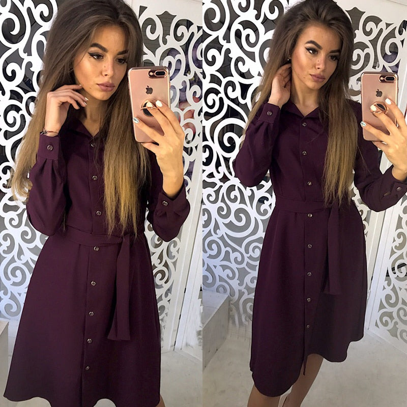 Women Sashes A Line Casual Shirt Dress Vintage Long Sleeve Turn Down Collar Dress 2018 Winter New Fashion Chic Women Solid Dress