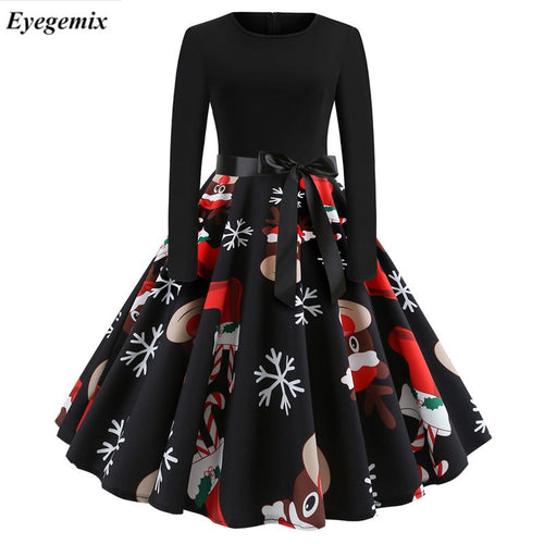 Women Vintage Christmas Dress Elegant Printed Winter Casual Midi Dress O Neck Sexy Party Dresses Swing Robe Vestidos Plus Size