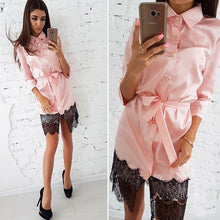 Women Vintage Patchwork Lace Button Dress Ladies Casual Turn-Down Collar Sashes Mini Dresses 2018 Autumn Female Party dress