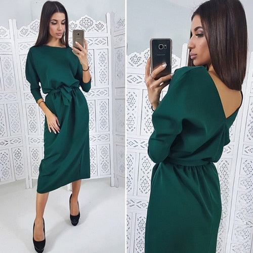 Women Vintage Sashes Straight Backless Dress Ladies Seven Sleeve O Neck Knee Dress 2018 Winter Office Lady Elegant Women Dress