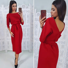 Women Vintage Sashes Straight Backless Dress Ladies Seven Sleeve O Neck Knee Dress 2018 Winter Office Lady Elegant Women Dress
