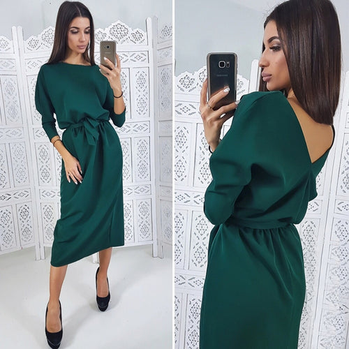 Women Vintage Sashes Straight Backless Dress Ladies Seven Sleeve O Neck Knee Dress 2018 Winter Office Lady Elegant Women Dress