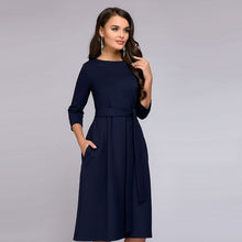 Women Vintage V-Neck Sashes Straight Dress Long Sleeve Solid Mid-Calf Length Dress 2018 Autumn New Fashion Chic  Party Dresses