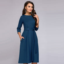 Women Vintage V-Neck Sashes Straight Dress Long Sleeve Solid Mid-Calf Length Dress 2018 Autumn New Fashion Chic  Party Dresses