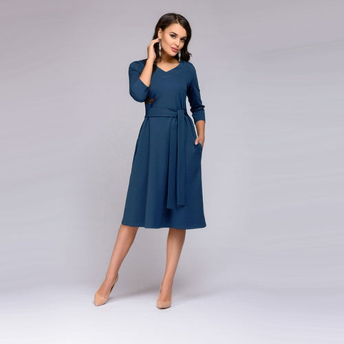 Women Vintage V-Neck Sashes Straight Dress Long Sleeve Solid Mid-Calf Length Dress 2018 Autumn New Fashion Chic  Party Dresses