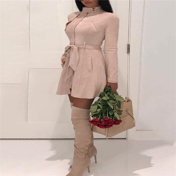 Women Warm Winter Turtleneck Solid Bandage Zipper Long Sleeve Mini A-line Dresses Female Chic Outwear Dress Hot Clothing