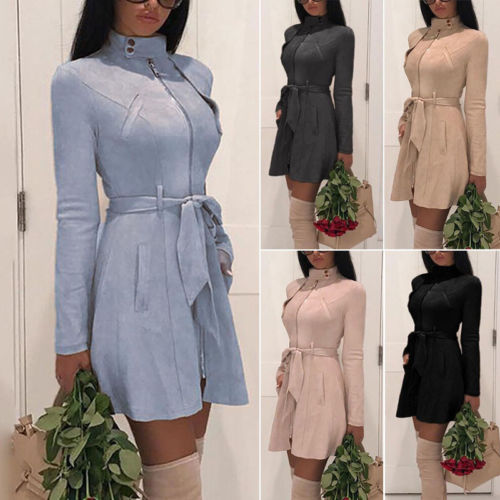 Women Warm Winter Turtleneck Solid Bandage Zipper Long Sleeve Mini A-line Dresses Female Chic Outwear Dress Hot Clothing