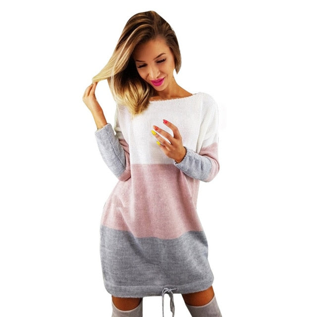 Womens Sweater Dress Ladies O Collar Knitted Casual Striped Loose Dress Long Sleeve Party Dress Vestidos Feminin #F#40SP27