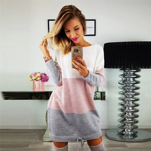 Womens Sweater Dress Ladies O Collar Knitted Casual Striped Loose Dress Long Sleeve Party Dress Vestidos Feminin #F#40SP27