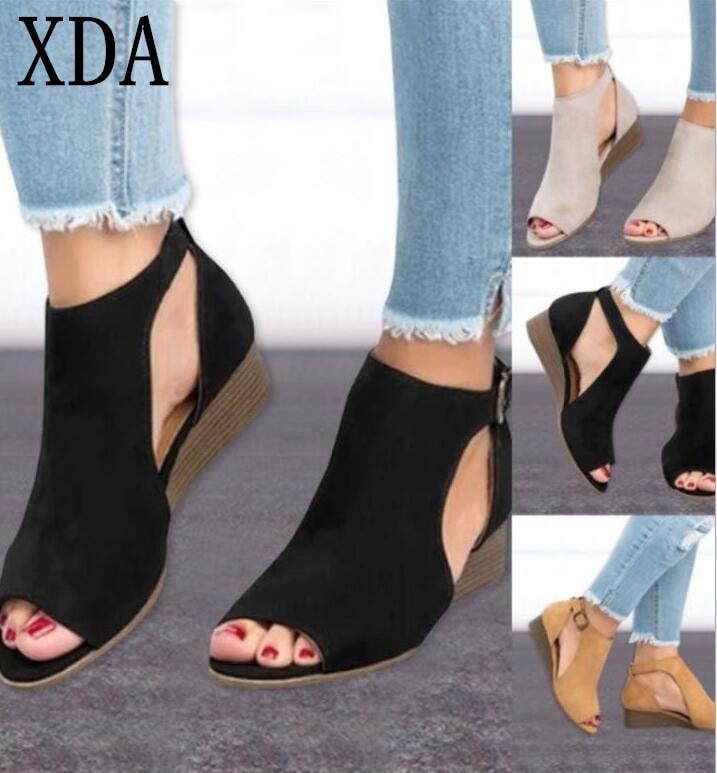 XDA 2018 woman wedge buckles fish mouth sandals gladiator women sandals mid heel sandals ladies summer peep toe women shoes W563