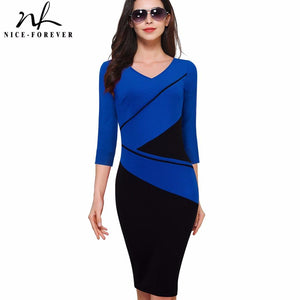 Nice-forever Vintage Elegant ColorBlock Patchwork V-Neck Bodycon Women Office Wear to Work Plus Size Business Dress B384