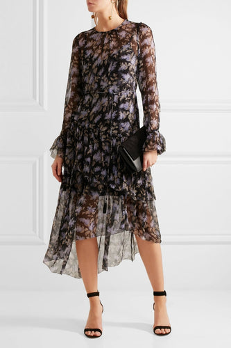 Women Stranded Tier Long Dress Black Lavender Floral Silk Crinkle Georgette Floral Shift Dress Ruffled Floral-Print Dress