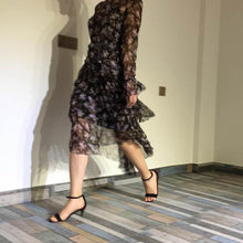 Women Stranded Tier Long Dress Black Lavender Floral Silk Crinkle Georgette Floral Shift Dress Ruffled Floral-Print Dress