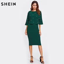 SHEIN Pearl Embellished Double Layer Dress Autumn Elegant Womens Dresses Green Half Sleeve Knee Length Sheath Dress
