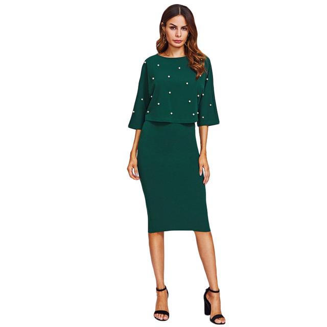 SHEIN Pearl Embellished Double Layer Dress Autumn Elegant Womens Dresses Green Half Sleeve Knee Length Sheath Dress