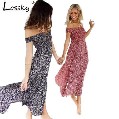 Summer Dress Women 2017 Red blue Print Floral Vintage Boho Maxi Dresses Off Shoulder  Long Party Bohemian Beach Vestido De Festa