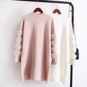 Real Fur Sleeve long Sweater Women autumn long-sleeve jumpers pull femme  Pullovers